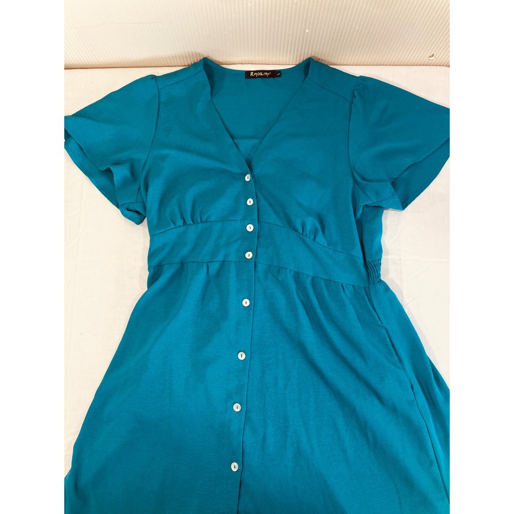 Roylamp Womens Teal Blue Button‎ Front Midi Dress Short Sleeve Pockets Size L